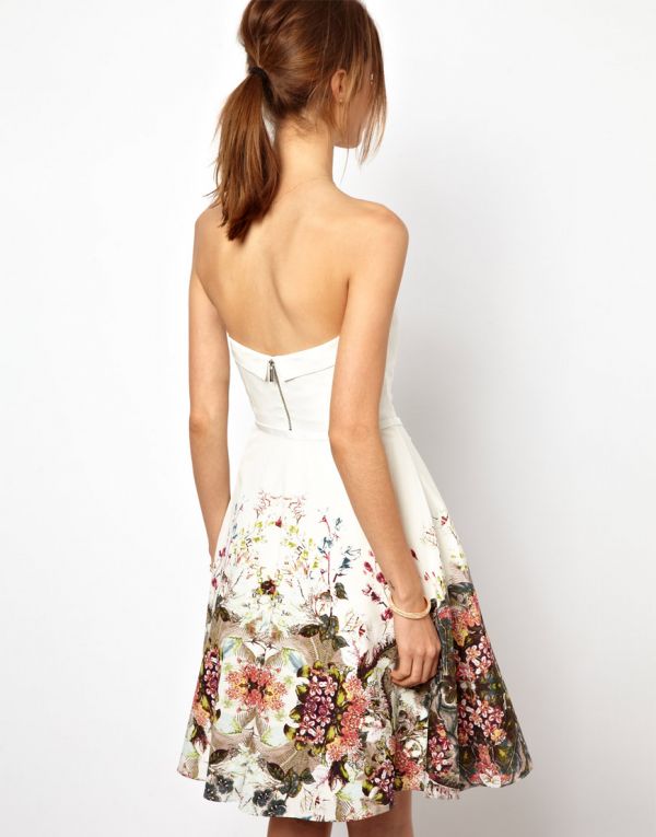 Silk Strapless Prom Dress with Delicate Floral Print