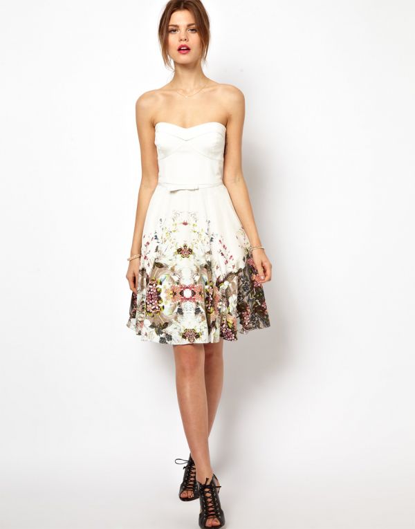 Silk Strapless Prom Dress with Delicate Floral Print