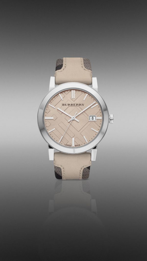 Burberry Beige 38mm Stainless Steel Watch with Smoked Check Leather Strap