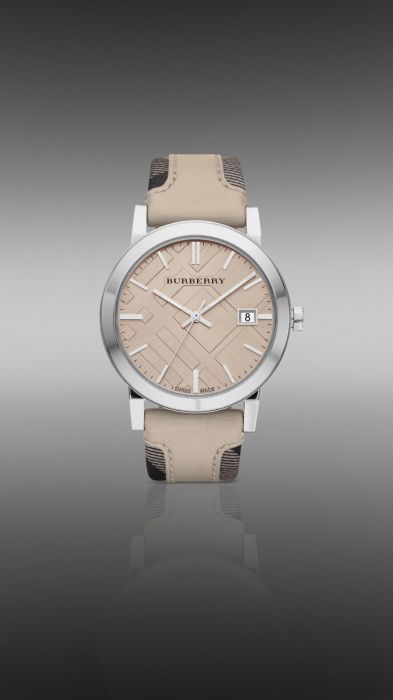 Burberry Beige 38mm Stainless Steel Watch with Smoked Check Leather Strap