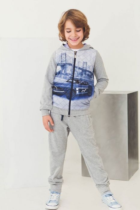 Gray sportsuit with blue applique car